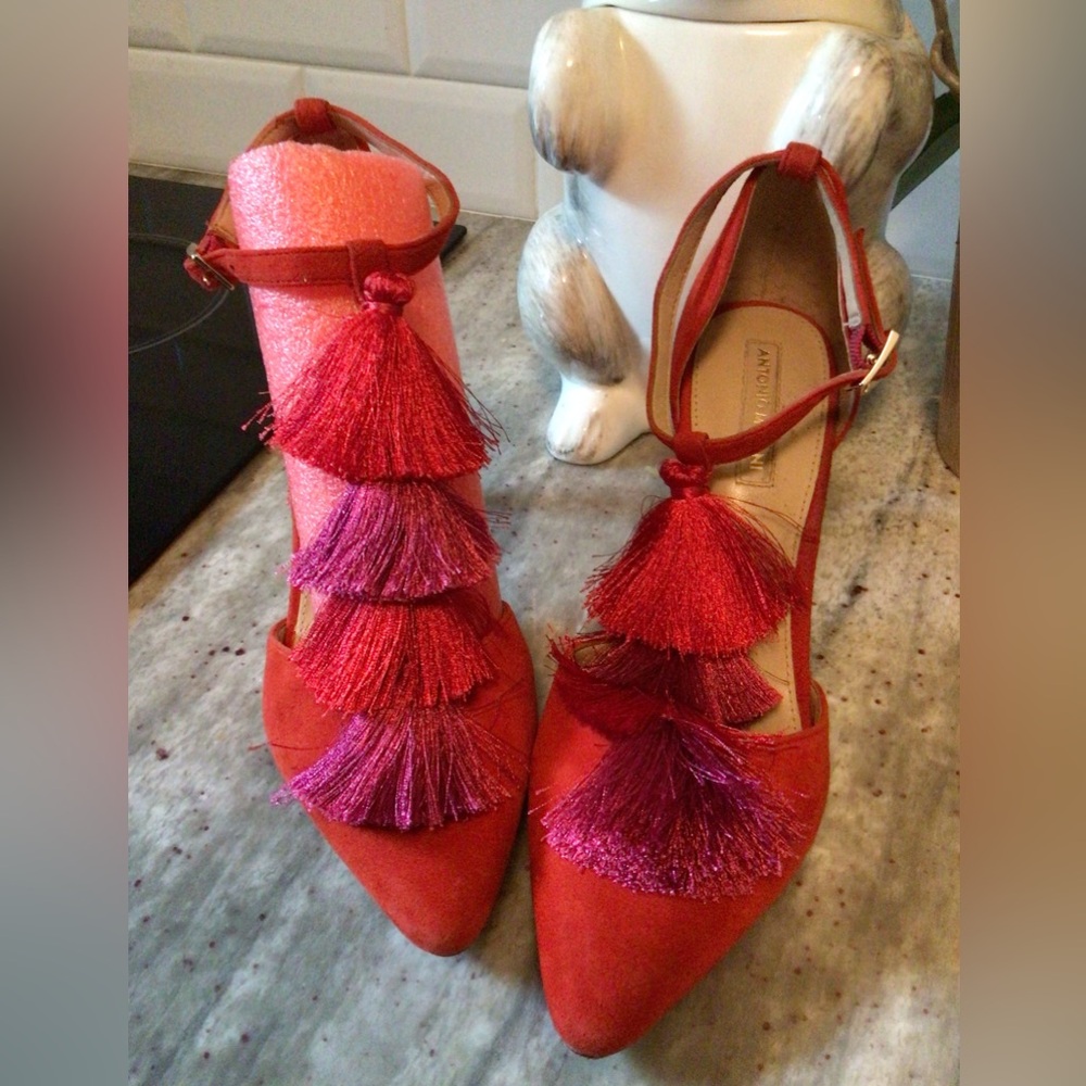 Red suede tassel T strap Antonio Melani heels